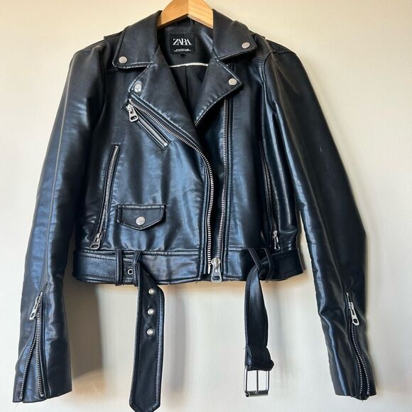 ZARA Faux Leather Cropped Biker Jacket - Picture 4 of 7